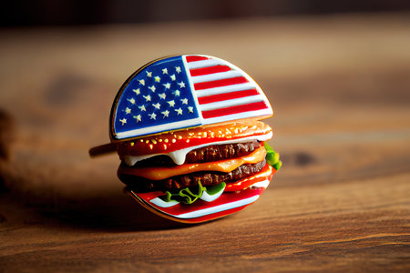 American flag pin on two hamburger homemade. Generative Aiの素材