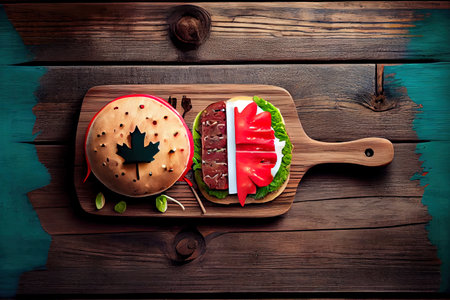 Top view burger ingredients on wooden table. Generative Aiの素材