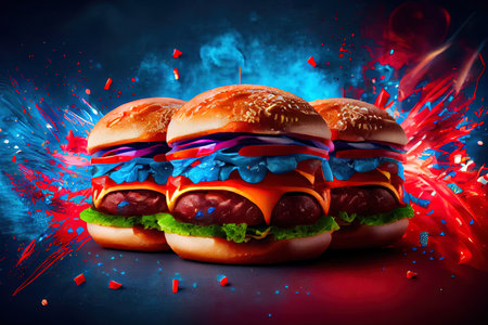 Wonderful Three fresh and juicy burgers with American flag-style fireworks inserted into them. Generative Aiの素材