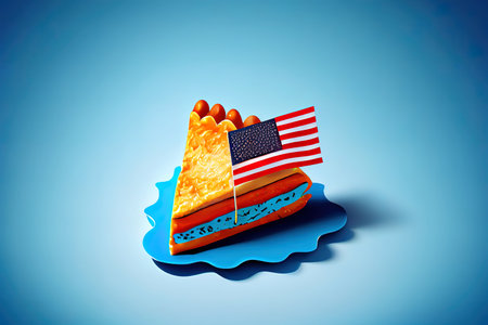 Plate With Turkey Steaks Cooked On Grill With American Flags On Blue Background. Generative Aiの素材