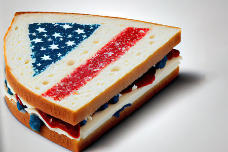 Top view of burgers with american flags and stars. Generative Aiの素材