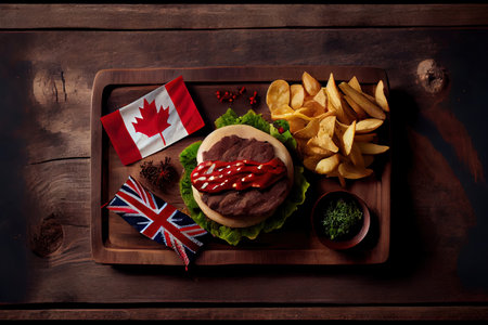 Attractive Canada Day picnic scene with maple leaf shaped hamburger and potato wedges. Generative Aiの素材