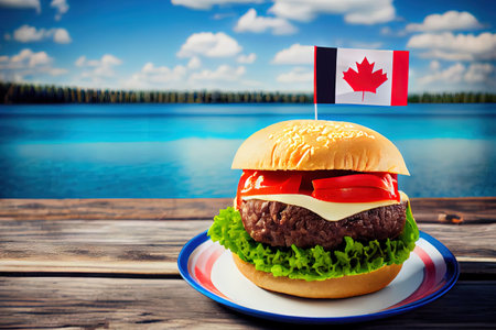 Attractive Close-up home made beef burger with Canada flag on the top and black paper. Generative Aiの素材
