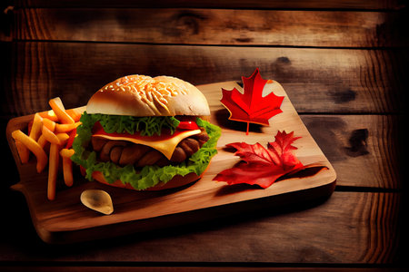 Canada Day picnic scene with maple leaf shaped hamburger and potato wedges. Generative Aiの素材