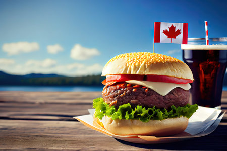 Delicious burgers on wooden board. Generative Aiの素材