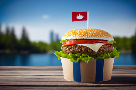 Close-up home made beef burger with Canada flag on the top and black paper. Generative Aiの素材