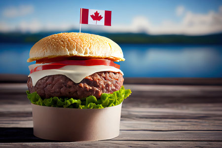 Two tasty hamburgers with little Canada flags. Generative Aiの素材