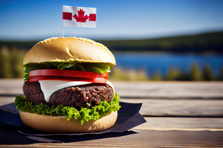 Attractive Close-up home made beef burger with Canada flag on the top and black paper. Generative Aiの素材