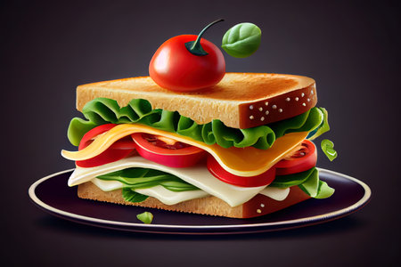 Original National sandwich day. A delicious hearty sandwich with cheese, tomato, salad is on a plate. Generative Aiの素材