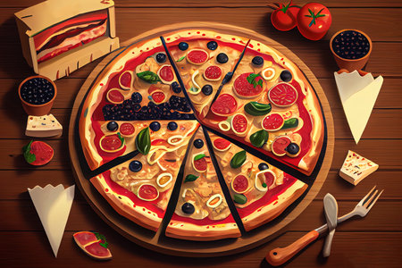 Pizza party for american holiday on wooden table. Generative Aiの素材