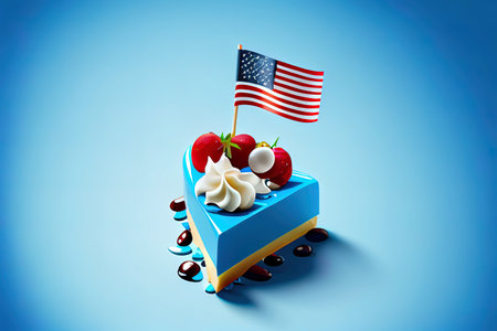 Plate With Turkey Steaks Cooked On Grill With American Flags On Blue Background. Generative Aiの素材