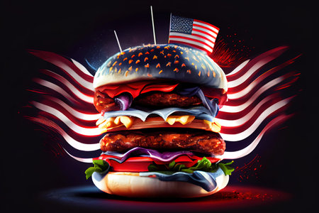 Wonderful a big burger with three juicy beef patties bonded with American flag firework skewers. Generative Aiの素材