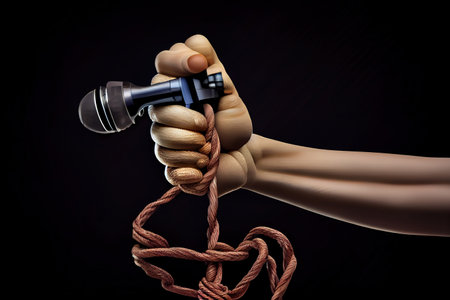 Hand with microphone tied with rope, depicting the idea of freedom of the press. Generative Aiの素材