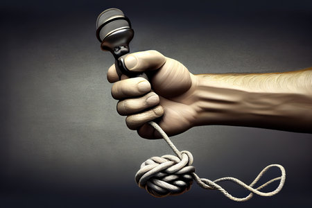 Woman hand with microphone tied with a red rope. Generative Aiの素材