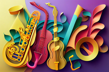 paper cut craft style music composition of saxophone guitar trumpet violin music instruments. Generative Aiの素材