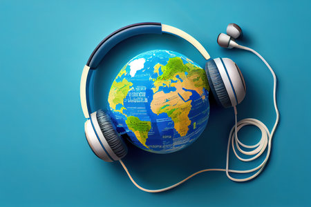 Red wired earbuds are connected to a small globe. Generative Aiの素材