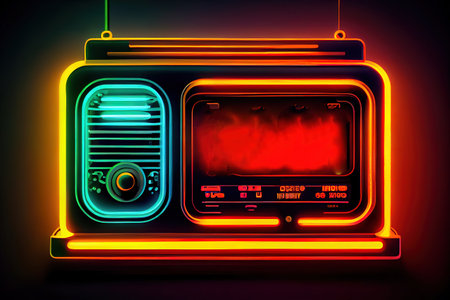 Radio set neon icon. Receiver with antenna. Generative Aiの素材
