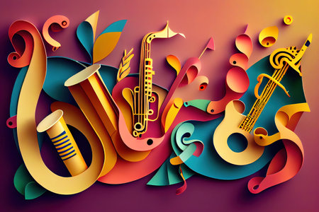 Excellent paper cut craft style music composition of saxophone guitar trumpet violin music instruments. Generative Aiの素材