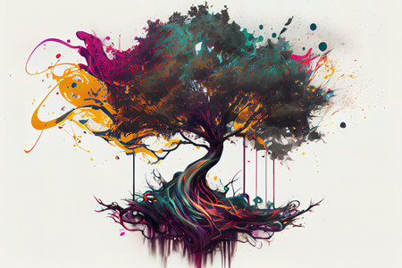 Ink colours on a tree with orange background artist concept. Generative Aiの素材