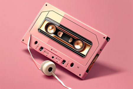 Pink headphones and audio cassettes with CDs on a turquoise background. Generative Aiの素材