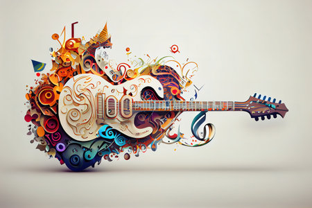 Guitar, a cup of coffee, pen and sheet of paper. Make lyrick and song concept. Generative Aiの素材