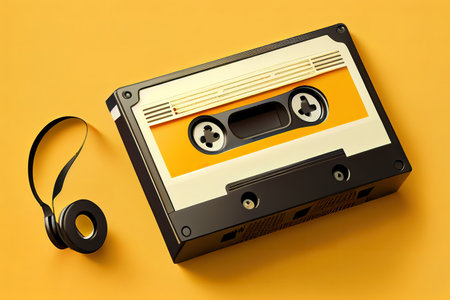 Audio cassette and headphones on a yellow background. Generative Aiの素材