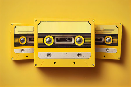 Surprising Inscription music day with old cassettes on a yellow background. Generative Aiの素材