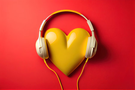 Listen to your heart concept. Big red heart with white headphones over bright yellow background. Generative Aiの素材