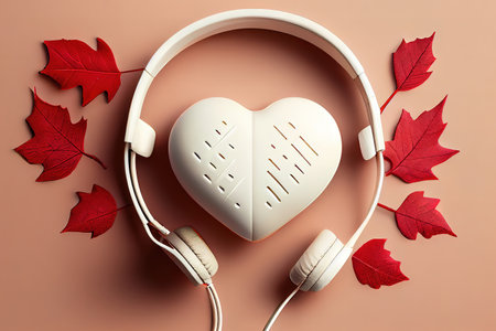 Excellent White headphones with red knitted heart, autumn maple leaves and copy space. Generative Aiの素材