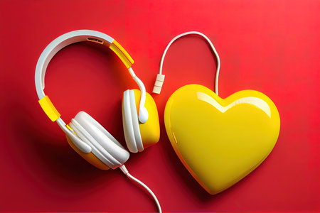 Red heart shape connected to headphone on turquoise background. Generative Aiの素材