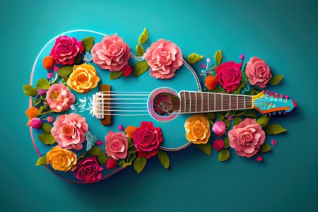 Top view of a guitar with rose flowers on the strings lies on vibrant color. Generative Aiの素材