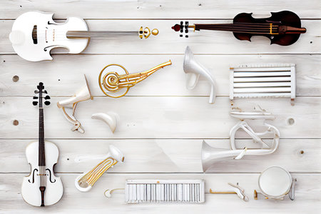 Instruments in white wooden background. Generative Aiの素材