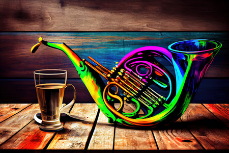 Saxophone on a green background with a blanket and a flower top view. Generative Aiの素材