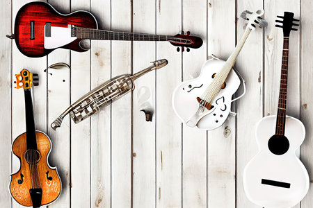Instruments in white wooden background. Generative Aiの素材