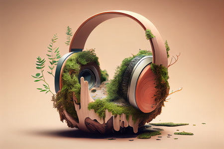 Headphones overgrown with wood bark and moss. Generative Aiの素材