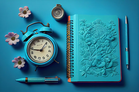 Blank white paper; vase; alarm clock and notebooks against wooden backdrop. Generative Aiの素材