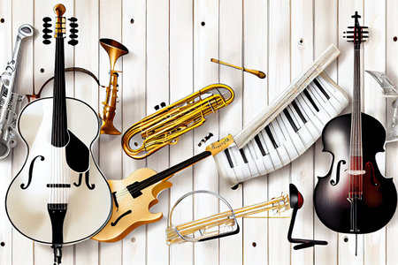 Acoustic guitar and musical keys on a white background flat lay. Generative Aiの素材