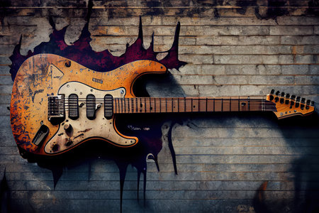 Stretched strings on black guitar close up. Generative Aiの素材