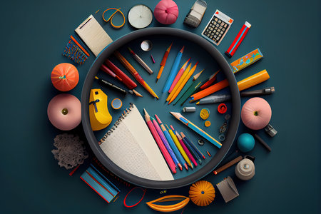 Various school stationery with a blue pencil case on white background. Generative Aiの素材