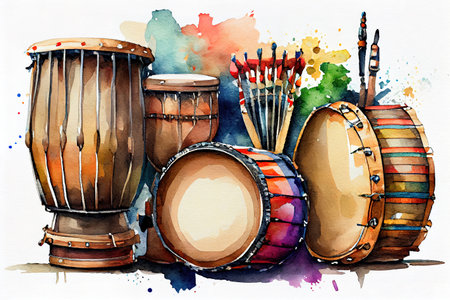 Board of ethnic drums of latin america watercolor illustration on white. Generative Aiの素材