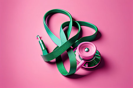 Stethoscope and green awareness ribbon on pink background. Generative Aiの素材