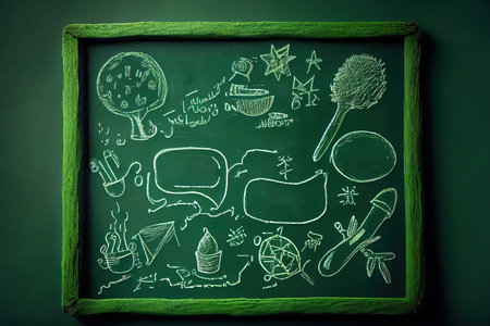 Doodle on green school teacher's chalkboard background with blank. Generative Aiの素材