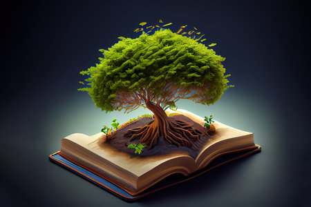 open book with green grass field and tree on blue sky background. Generative Aiの素材