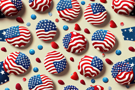 Full frame of heart shape american flags and stars on wooden desk. Generative Aiの素材