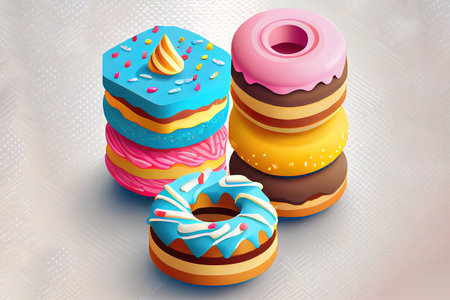 Cartoon flat hand drawn tower of dessert for sweet shop, Donut Day poster. Generative Aiの素材