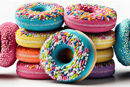 Many colorful frosted cake donuts with candy sprinkles stacked in rows laying on wood table isolated on white background. Generative Aiの素材