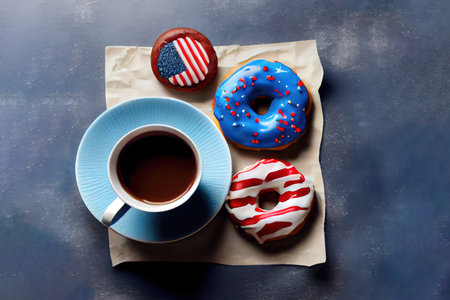 Traditional American donuts with glaze in colors of USA flag blue, red, white. Cup of coffee. On light stone table. Generative Aiの素材