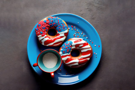 Traditional American donuts with glaze in colors of USA flag blue, red, white. Cup of coffee. On light stone table. Generative Aiの素材