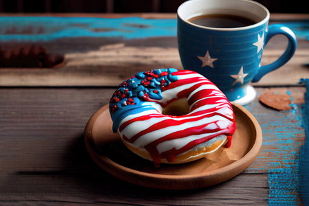 American donuts with glaze in colors of USA flag blue, red, white. Cup of coffee On light blue old rustic wooden table. Generative Aiの素材