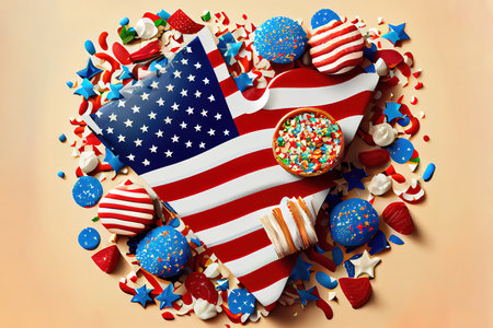 Happy Independence Day 4th july background with american flag decorated of sweet foods, stars and confetti. Generative Aiの素材